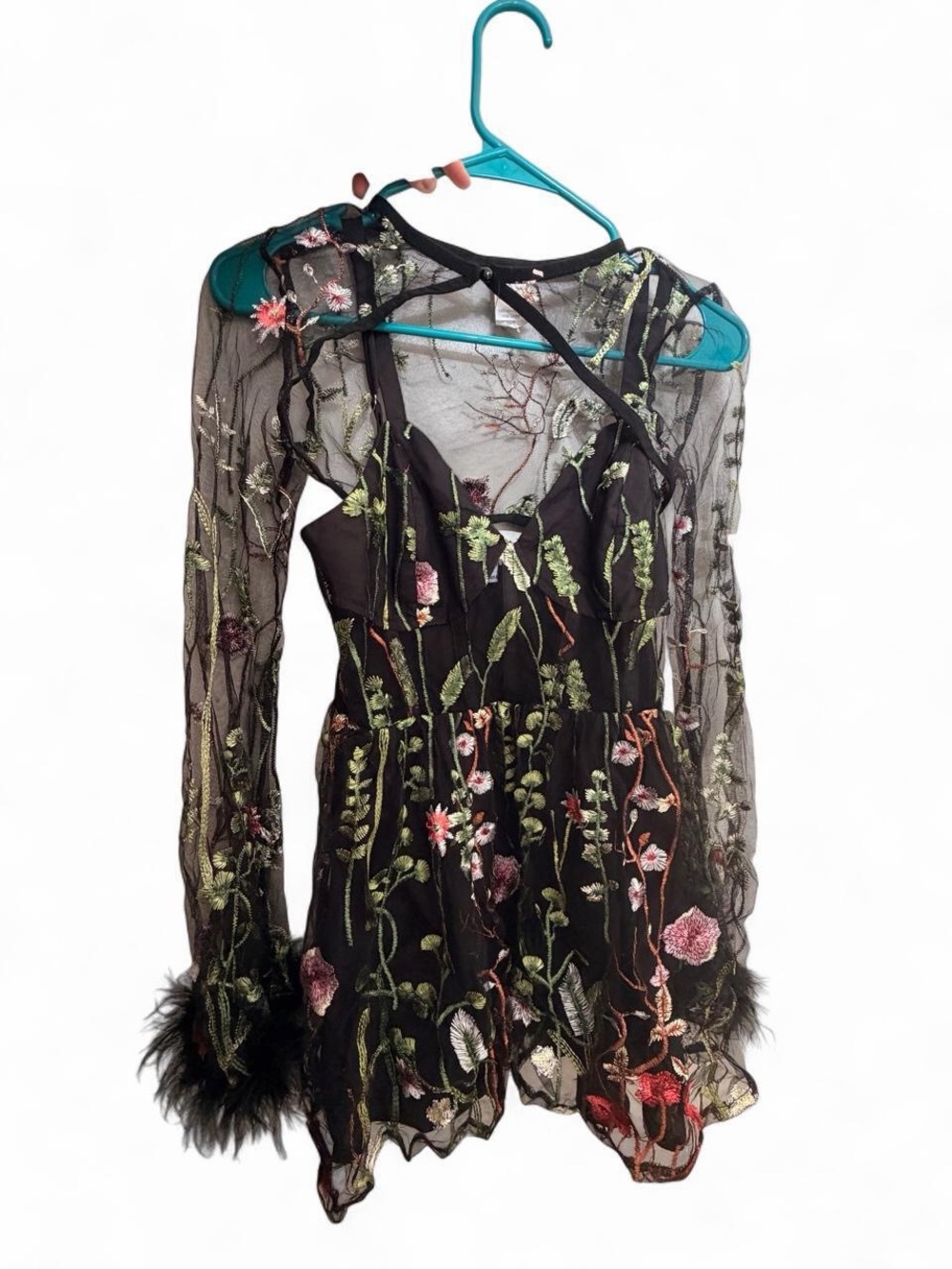 Iheartraves Black Floral Embroidered Mesh Mini Dress
